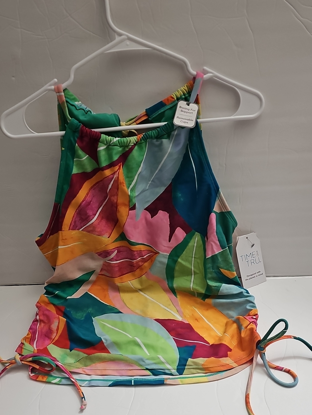 Time & Tru Tropical Leaf Halter Tankini Top - Multicolor